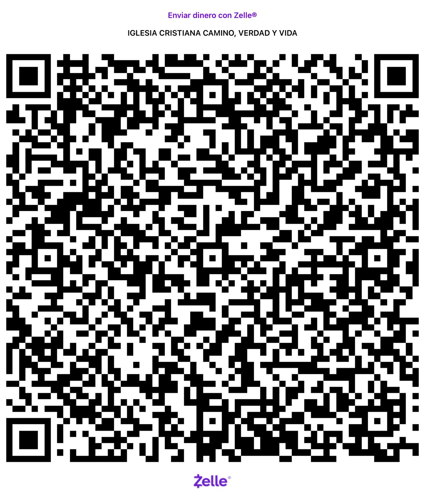 Código QR para donar por Zelle a Iglesia Cristiana Camino, Verdad y Vida